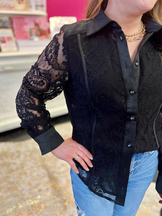 Black Paisley Lace Button Up Top