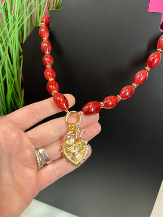 Maroon Beaded Charm Pendant Necklace