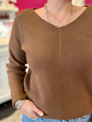 Brown Ribbed VNeck Top