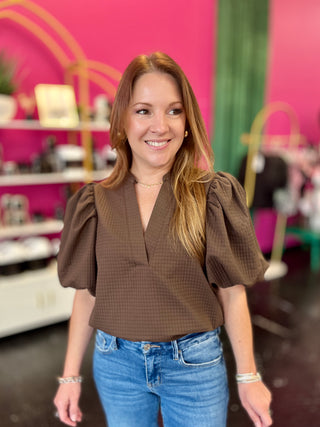 Chocolate Brown Textured Puff Sleeve Top