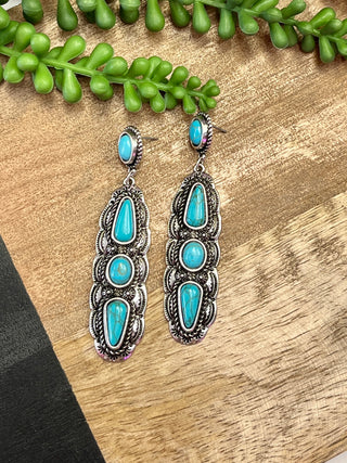 3 Turq Stone & Silver Long Dangle Earring