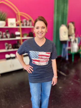 American Flag Quilt Printed Navy Tee