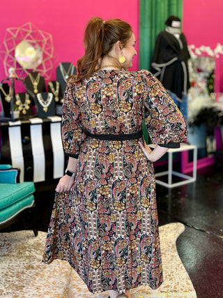 Black Paisley Print Midi Dress