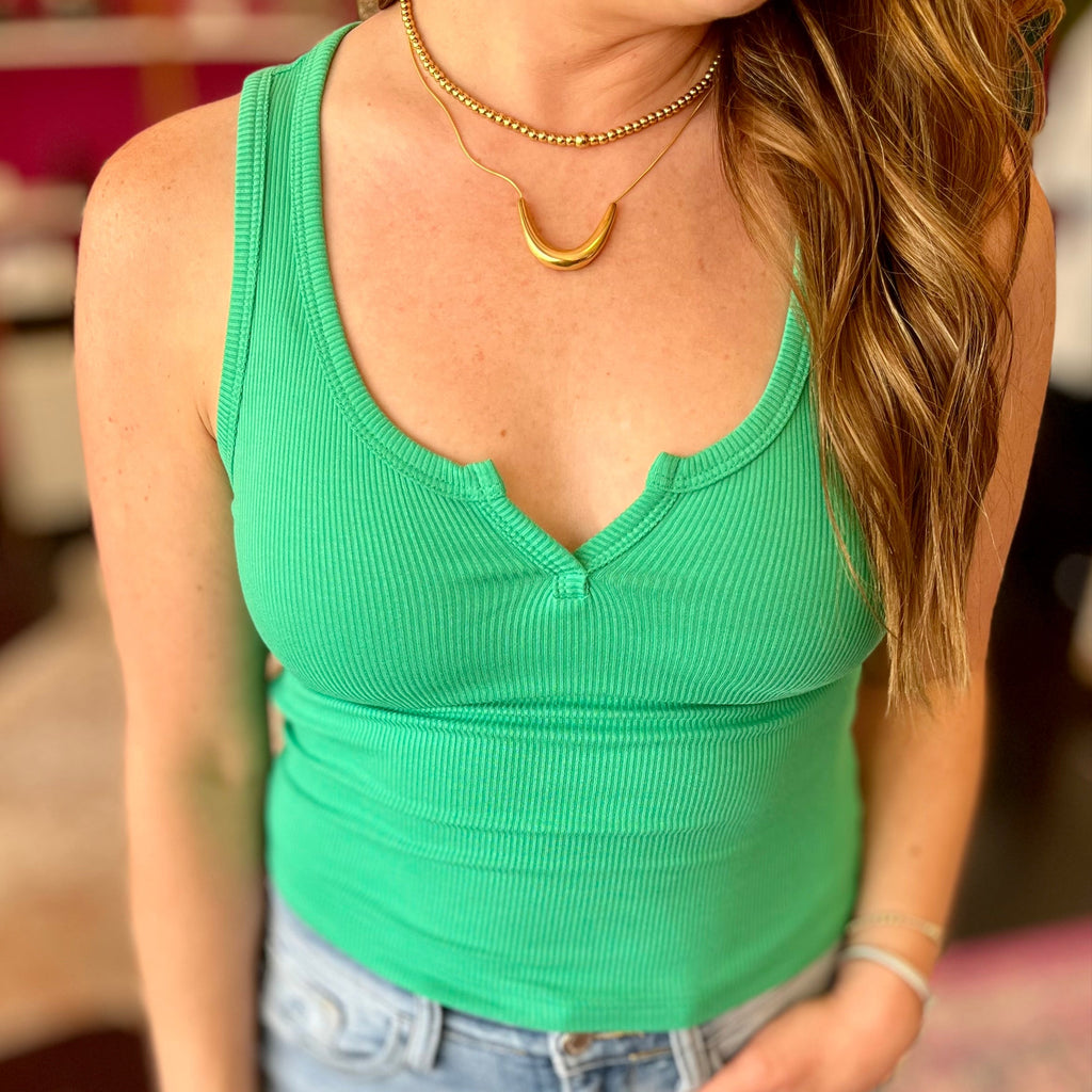 Green VCut Ribbed Tank