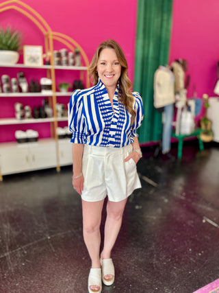 Royal Blue Striped Puff Sleeve Top