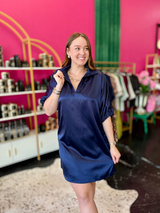Charlotte Navy Satin Dress