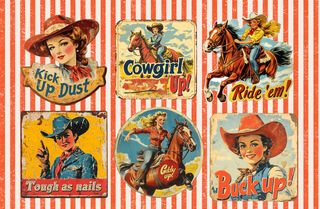 Set of vintage-style stickers featuring cowgirls and horses on a striped background.