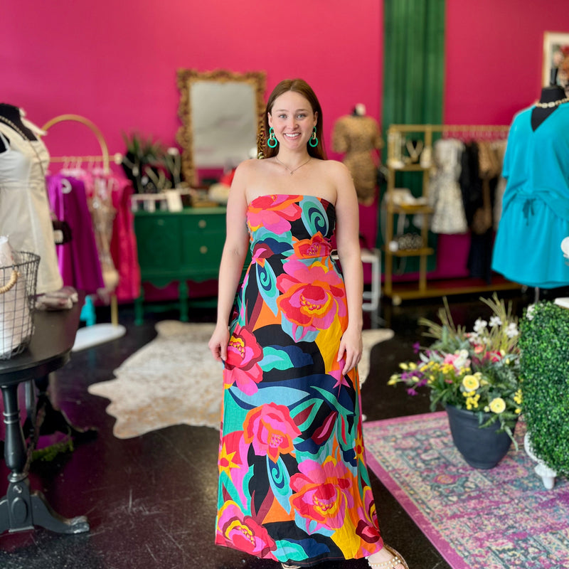 Bright Floral Strapless Maxi Dress