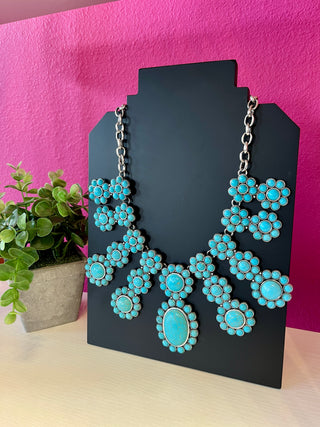 Faux Turquoise Flower Bib Necklace