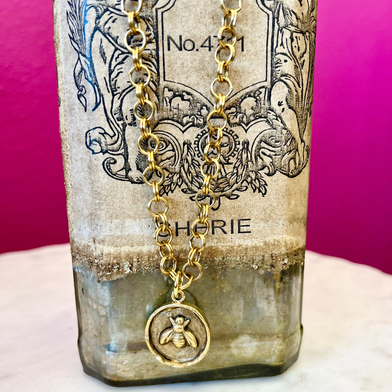 LNL Antique Gold Chain & Antique Bee Charm Necklace