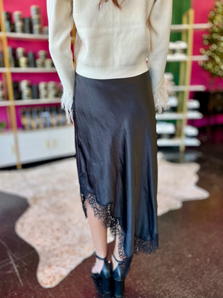 Black Satin & Lace Asymmetrical Midi Skirt