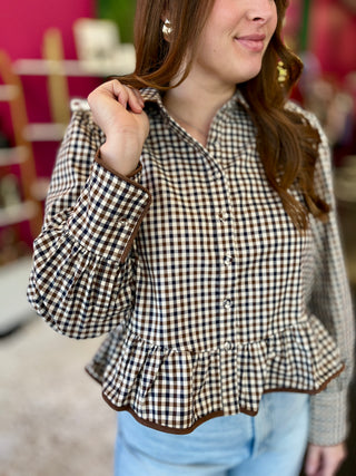 Brown & Navy Gingham Top by THML