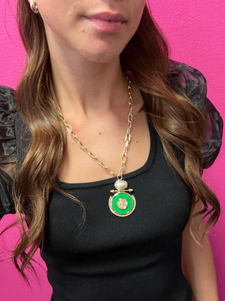 Gold, Green, & Pearl Medallion Link Necklace