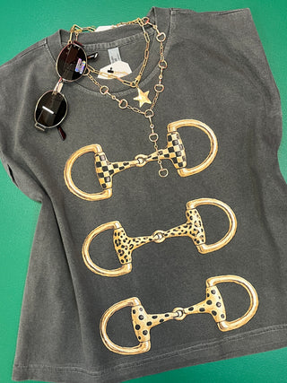 3 Horse Bit Faded Black Muscle Graphic Tee