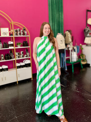 Green, Blue, & White Striped Maxi Dress