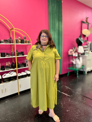 Chartreuse 3 Gold Button Midi Dress