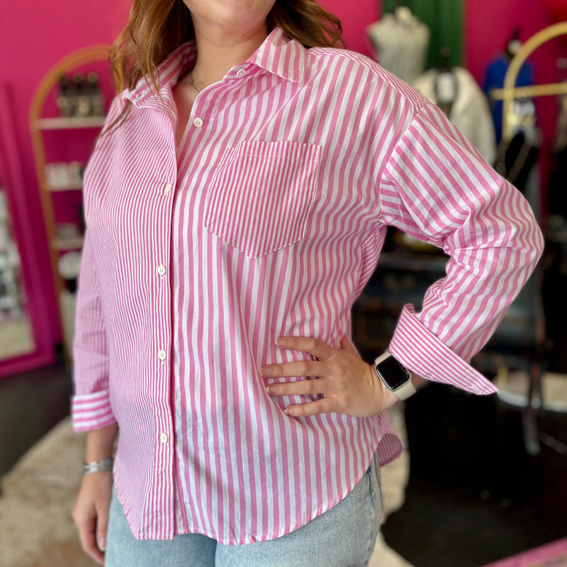 Pink & White Striped Button Up Top