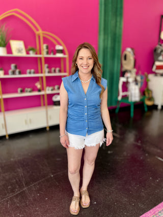 Denim Ruched Button Down Top