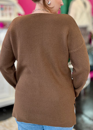 Brown Ribbed VNeck Top