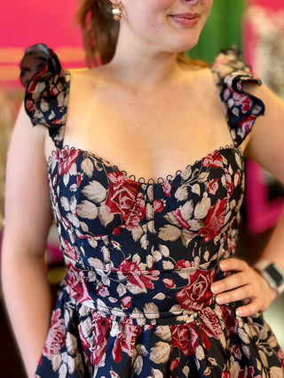 Navy Floral Print Midi Dress