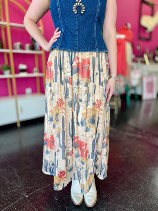 Denim Cactus Mesh Maxi Skirt