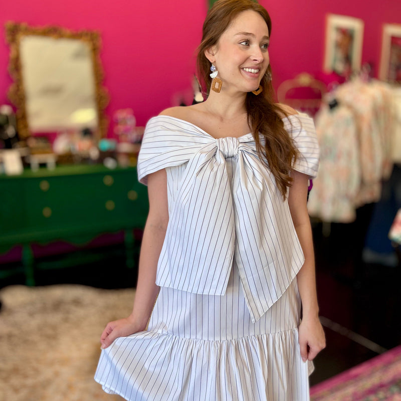 White Pinstriped Big Bow Dress