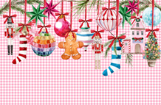 Colorful Christmas ornaments on a pink gingham background