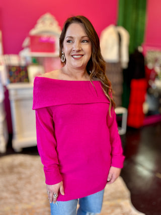 Hot Pink Off Shoulder Sweater