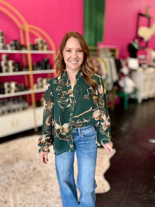 Dark Green Floral Print Top