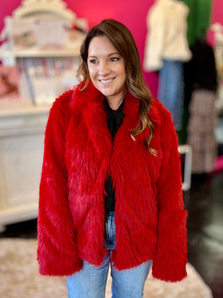 Red Faux Minky Fur Short Jacket