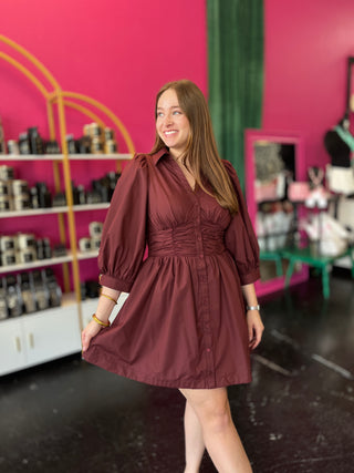 Maroon Balloon Sleeve Dress