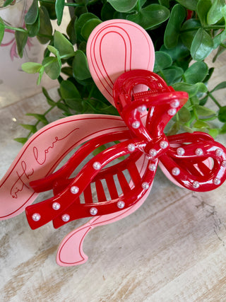 Red & Pearl Bow Shaped Hair Clip