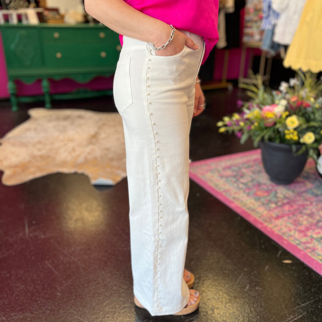 White Denim & Pearl Detail Wide Leg Jeans