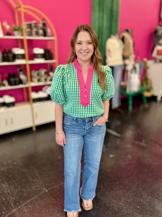 Green Gingham & Pink Top