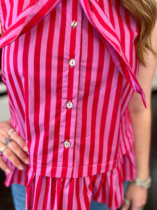 Red & Pink Striped Tie Neck Top