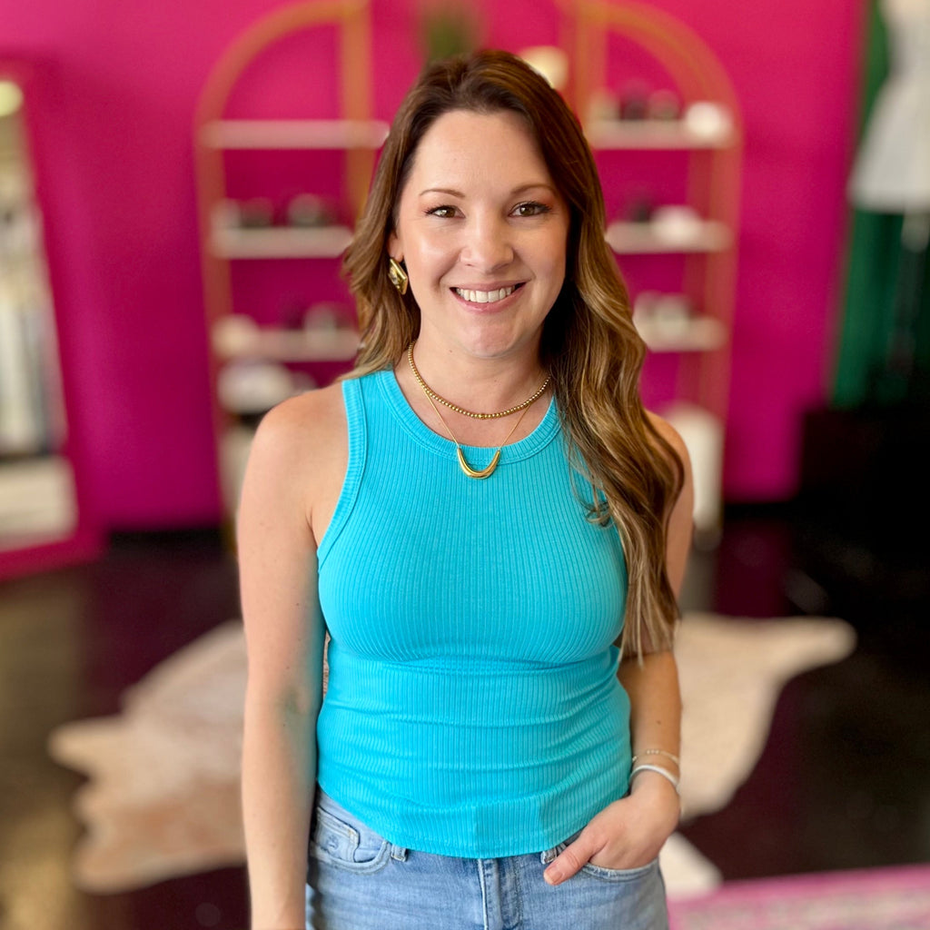 Aqua Blue High Neck Ribbed Top