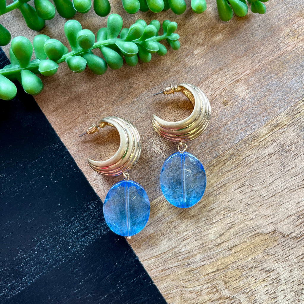 Gold Lined Hoop & Blue Crystal Earrings