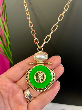 Gold, Green, & Pearl Medallion Link Necklace