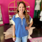 Royal Blue & White Striped Half Zip Top
