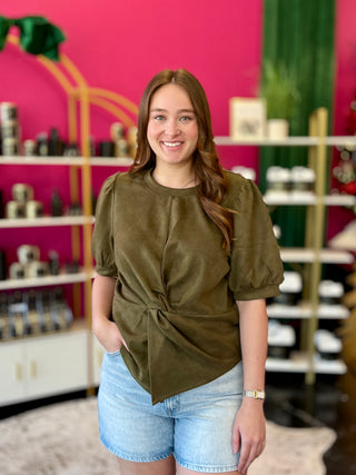 Olive Faux Suede Twist Top by THML