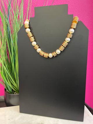 Gold Circle Disk & Pearl Necklace