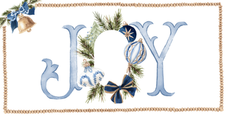 Decorative sign with 'JOY' letters surrounded by Christmas elements on a white background.