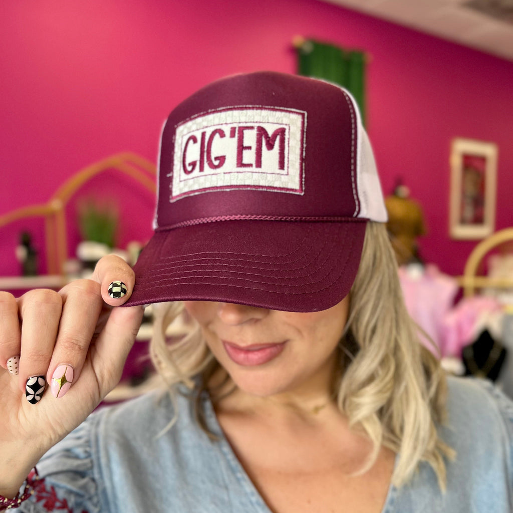 Gig'em Check Maroon & White Trucker Hat