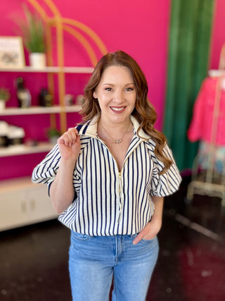 Navy Striped Ribbed Collar Top