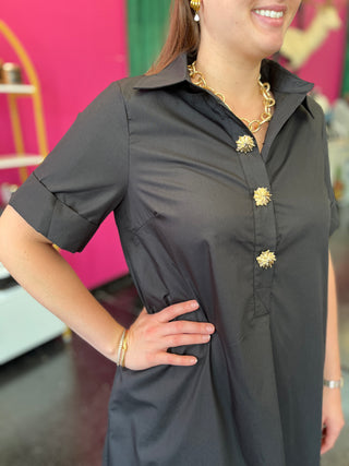 Black 3 Gold Button Midi Dress