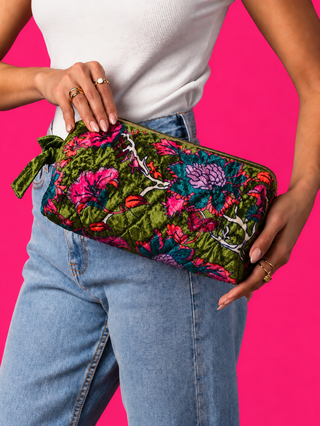 Dark Green Floral Travel Pouch