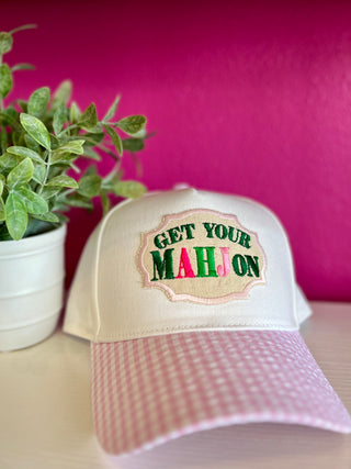 Get Your Mahjong On Pink Gingham Baseball Hat