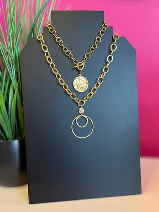 LNL Matte Gold Double Circle Chain Necklace