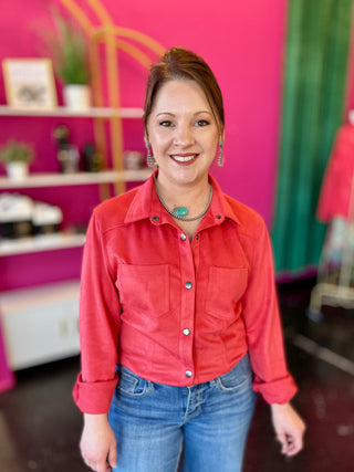 Abby Coral Suede Snap Closure Top