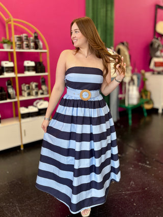 Blue Tones Striped Strapless Midi Dress